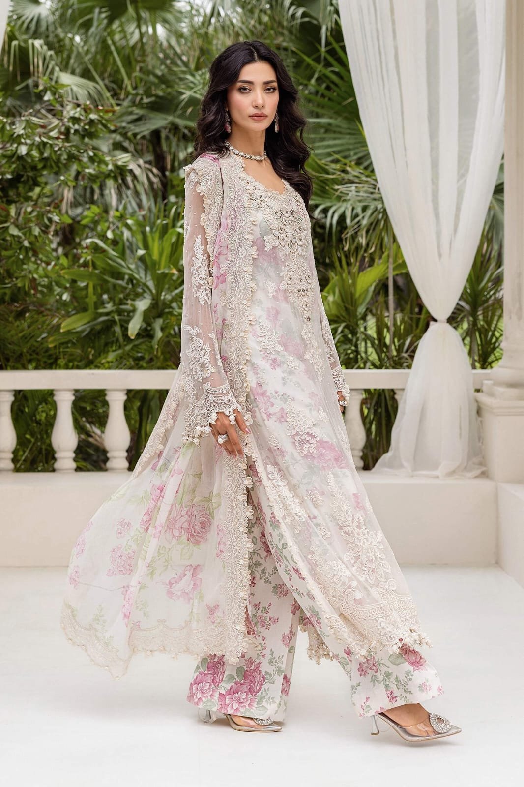 embroidered floral chiffon 3 piece suit with sheer lace sleeves embroidered floral chiffon 3 piece suit with sheer lace sleeves
