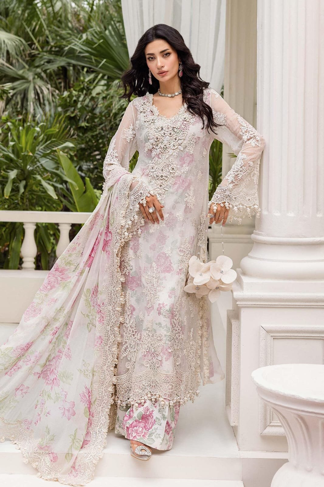 embroidered floral chiffon 3 piece suit with sheer lace sleeves embroidered floral chiffon 3 piece suit with sheer lace sleeves